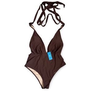 Cupshe Women’s L One Piece Swimsuit Brown Halter Deep V Plunge Monokini NWT